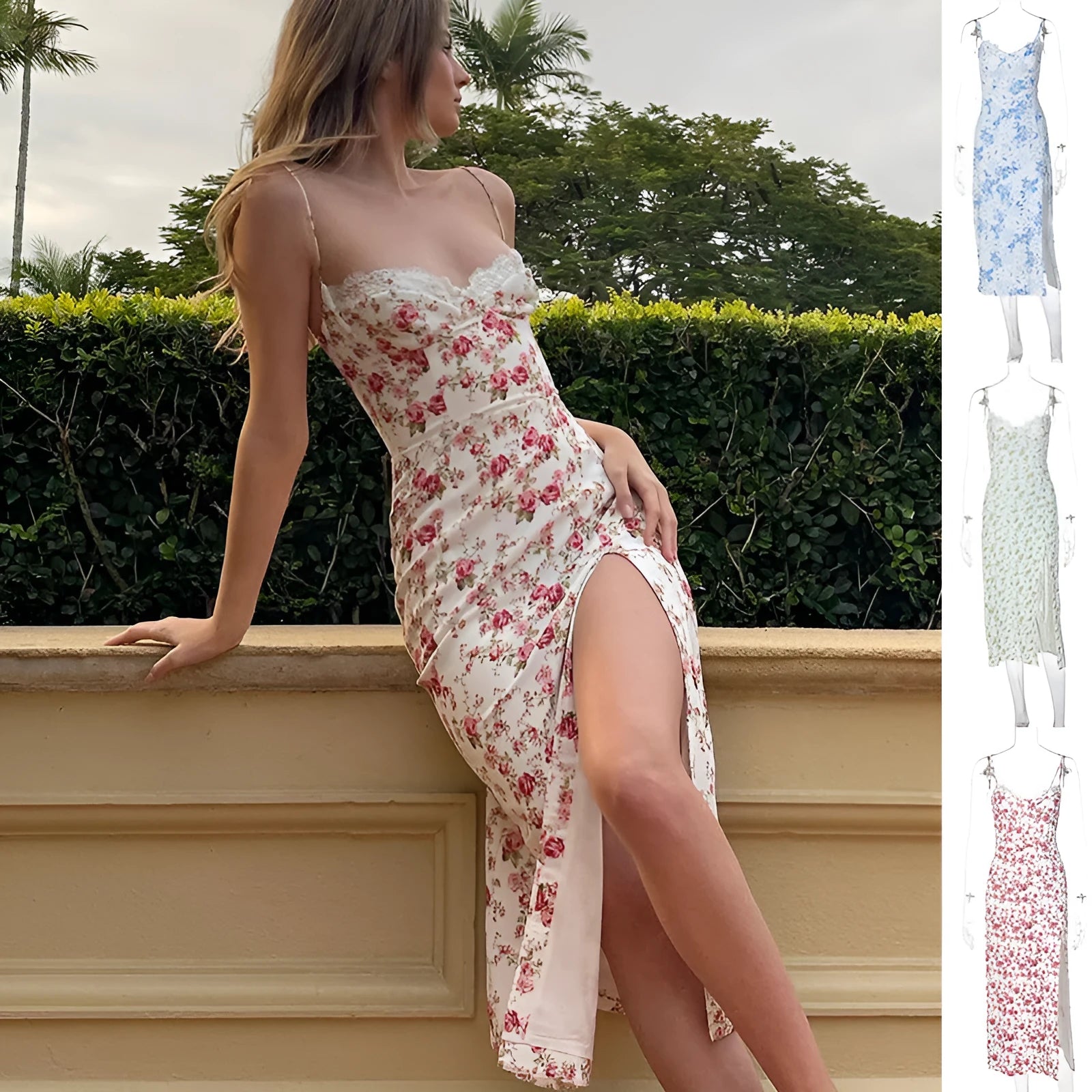 Blue long dress with white lace flower print, featuring a thigh slit and thin suspender straps.