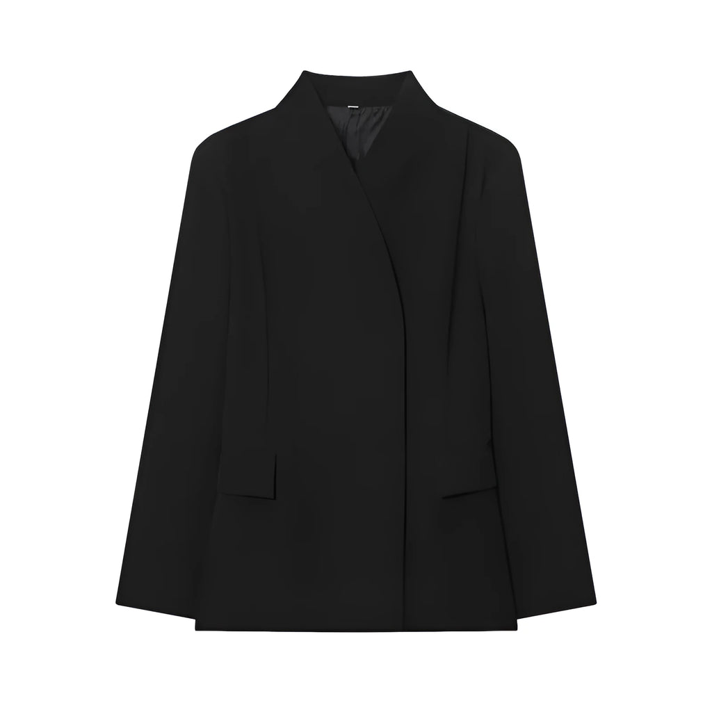 Women's black slim-fit long-sleeved suit jacket, polyester blend, solid colour, sizes XS to L