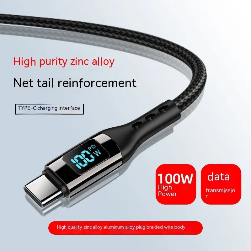 Double-headed TYPE-C PD 100W woven data cable with digital display in black on a plain background