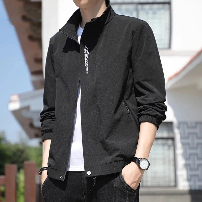 Men's stand collar casual coat in polyester with straight hem and long sleeves