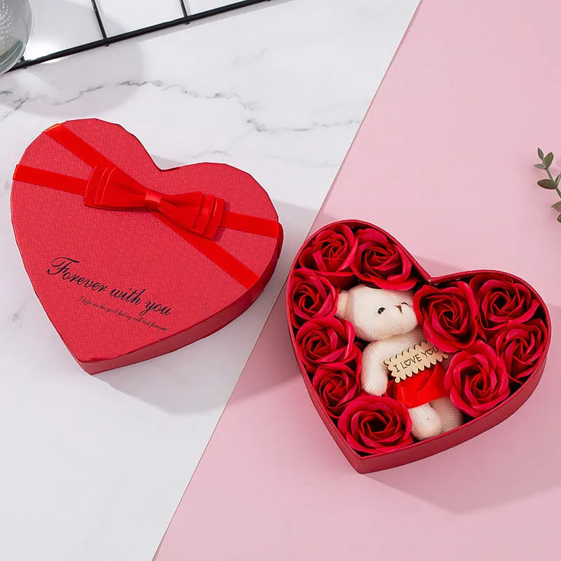 Red heart-shaped gift box containing natural soap roses for Valentine's Day or Mother's Day gifts