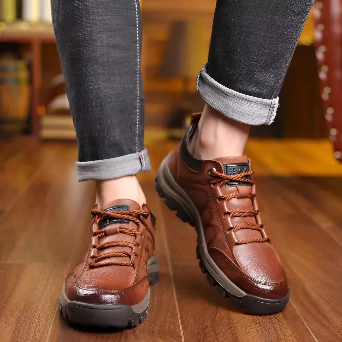 Plus size men's outdoor shoes in black or brown with artificial PU upper, rubber sole, and front lace-up, sizes 39-48