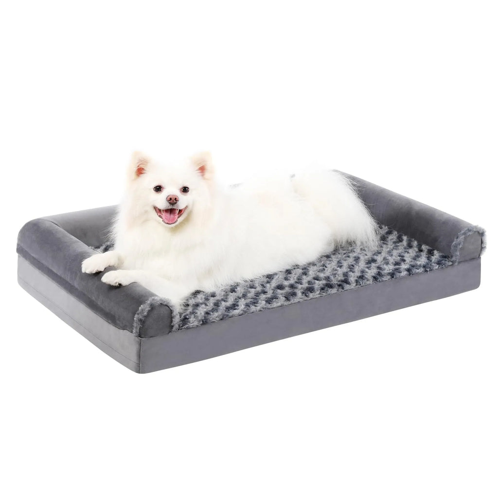 Grey U-shaped velvet dog sofa bed with removable washable cover and sponge insert