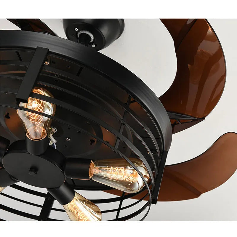American retro style ceiling fan lamp with remote control on a white background, showing acrylic shade and concealed blades.