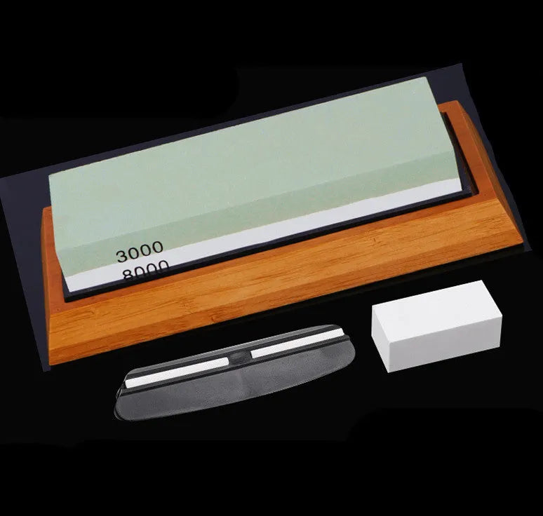 White corundum double-sided 3000/8000 grit whetstone set with bamboo base for kitchen knife sharpening