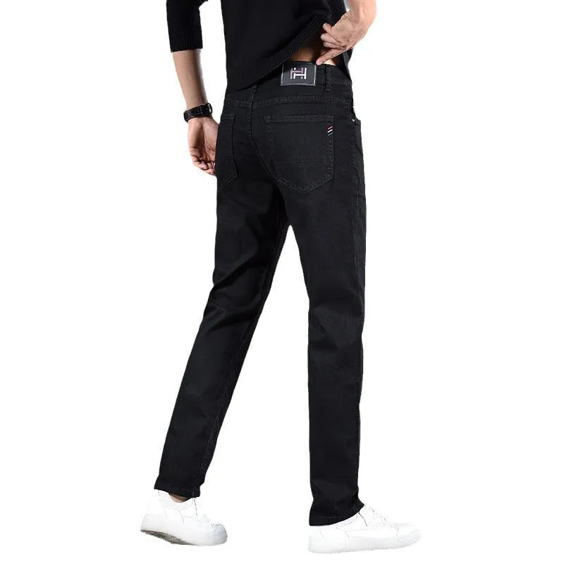 Men's slim fit youth casual straight-leg cotton jeans in black, mid waist, zipper fly, size 30
