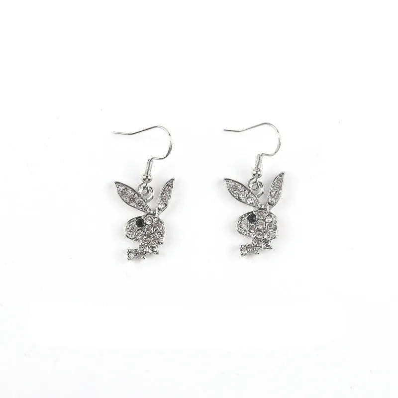 Small silver rabbit stud earrings with sparkling cubic zirconia stones and butterfly back on a white background.