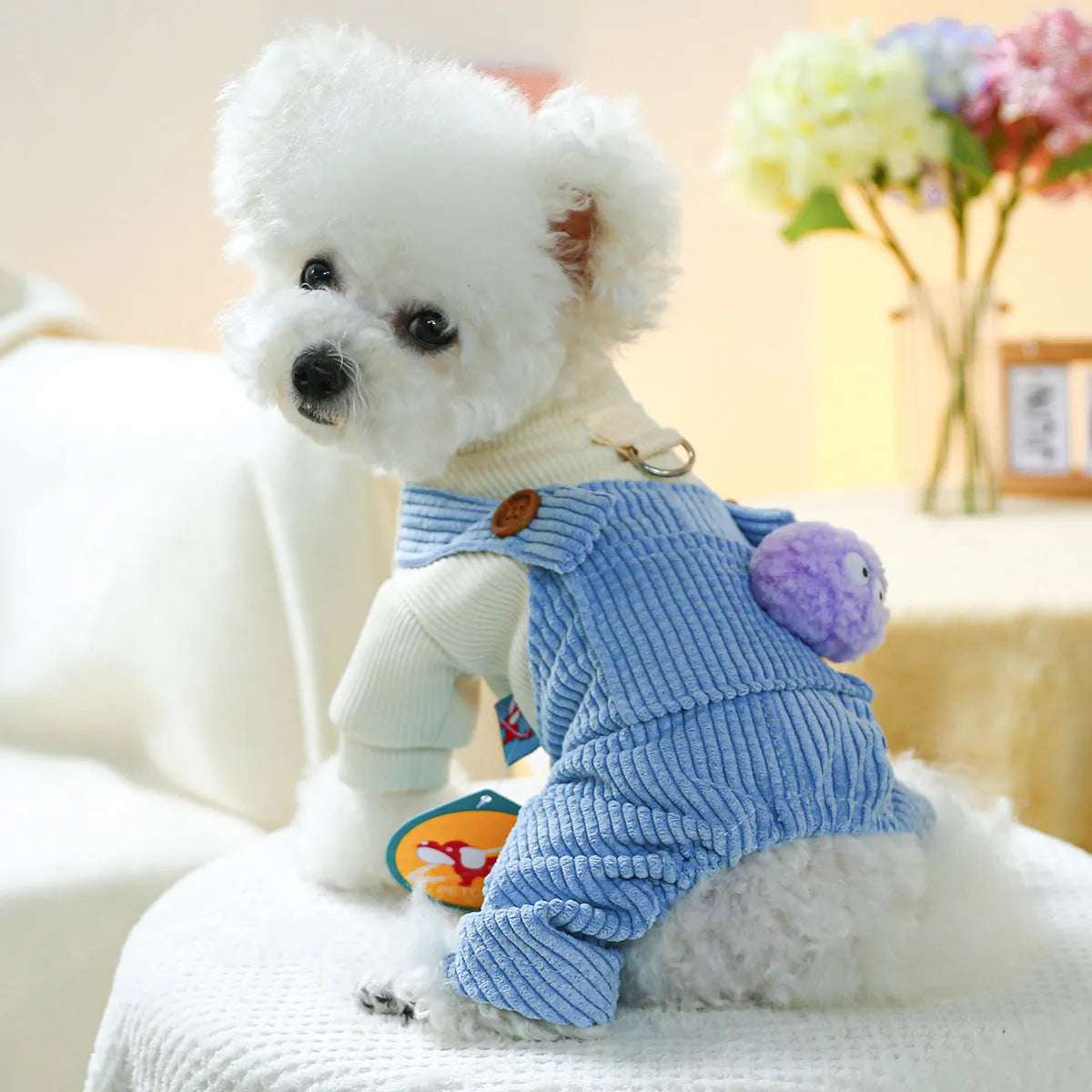 Elf-style polyester pet overalls on small dog or cat, casual design, available in sizes XS to XL