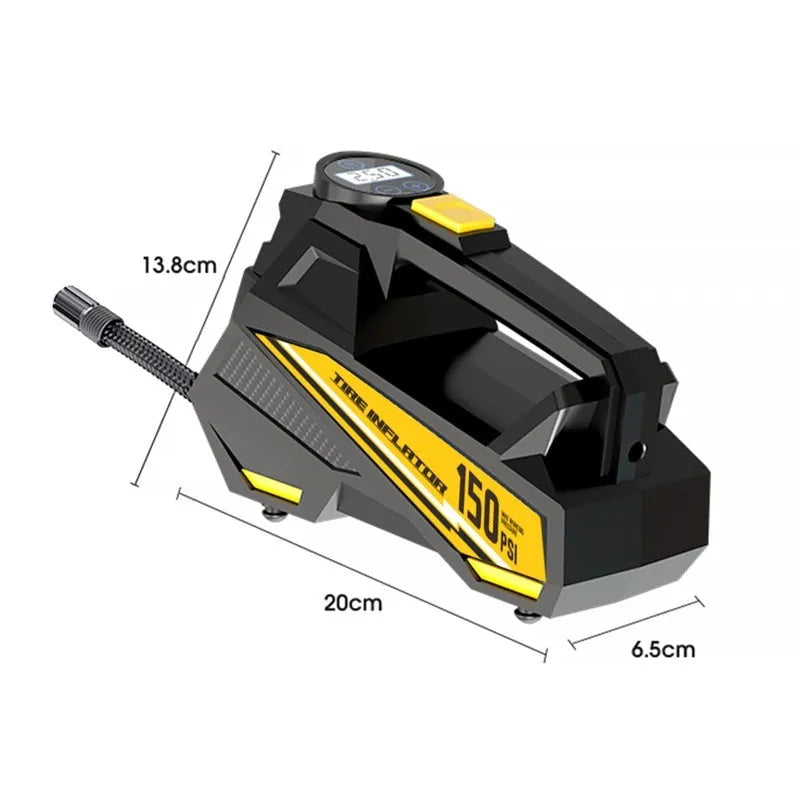 Black 12V portable digital tyre inflator with LED light and digital display, shown with its power cord and inflation hose.