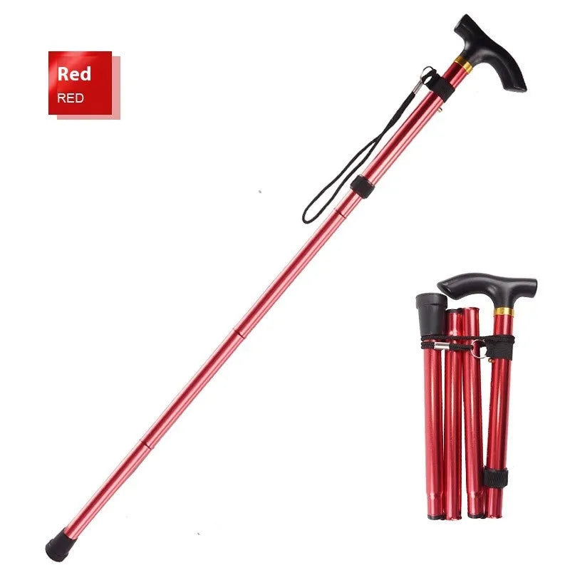 Aluminium alloy folding walking cane extended, showing adjustable sections and non-slip rubber foot.