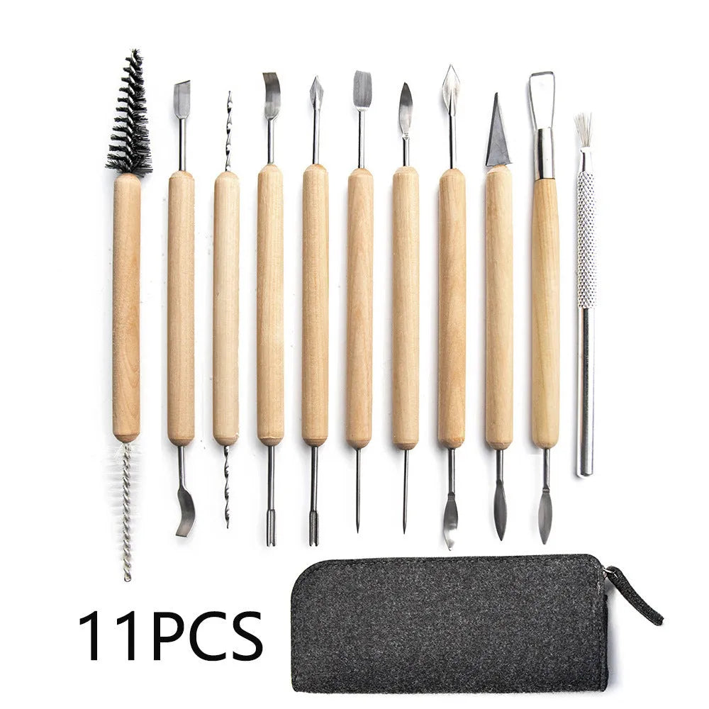 11-piece pottery tool set with stainless steel heads and wooden handles for clay sculpting