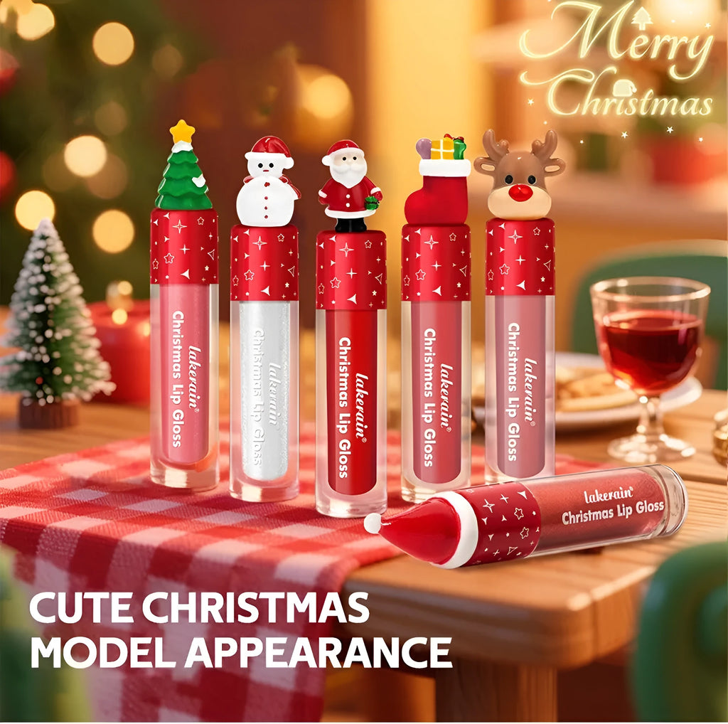 Christmas lip gloss set 6-piece red matte velvet, festive makeup gift, red shades in compact packaging