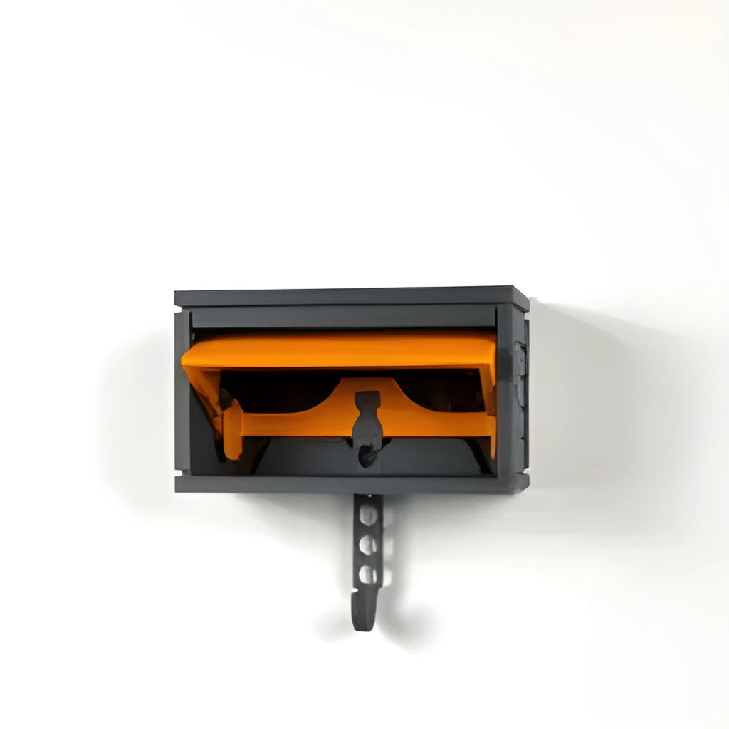 Car garage key holder with opening door, adhesive back, stripe pattern in beige and dark grey on wall
