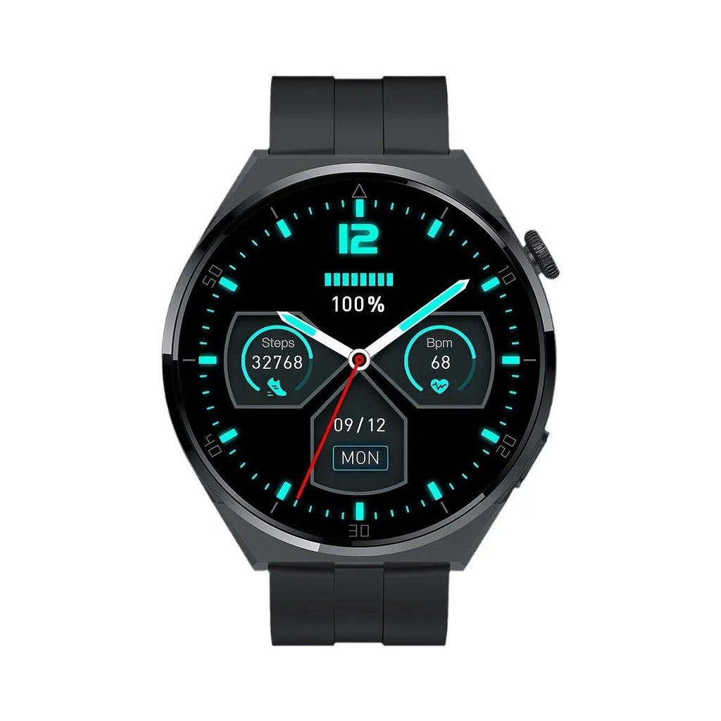 Adult smart watch in black with TFT screen showing heart rate and step count on wrist