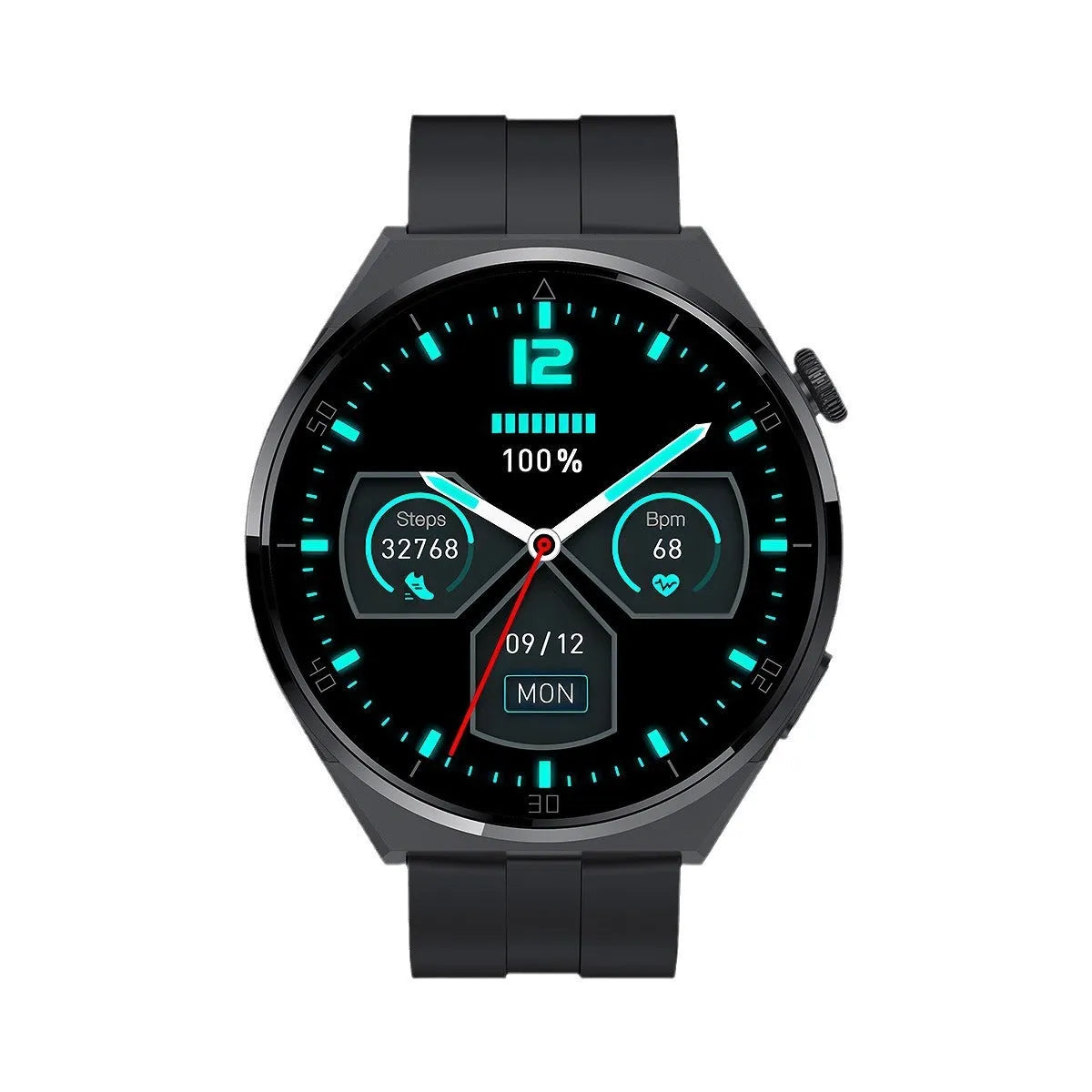 Adult smart watch in black with TFT screen showing heart rate and step count on wrist