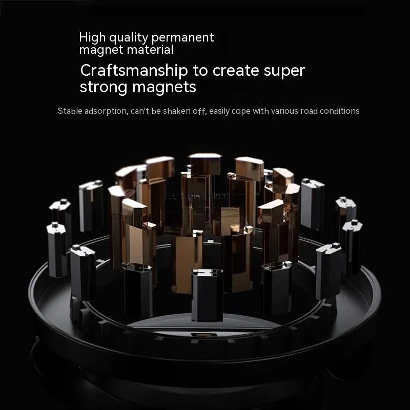 All-metal magnetic car phone mount with foldable arm in Qian colour on a car dashboard.