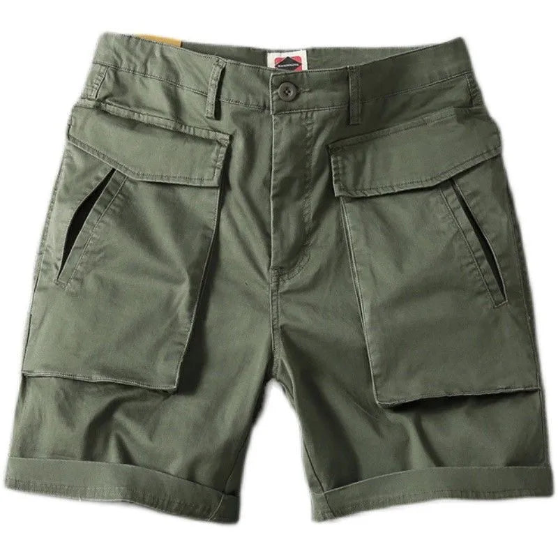 Men's straight leg cargo shorts in khaki with multiple pockets, made from micro-elastic cotton fabric.