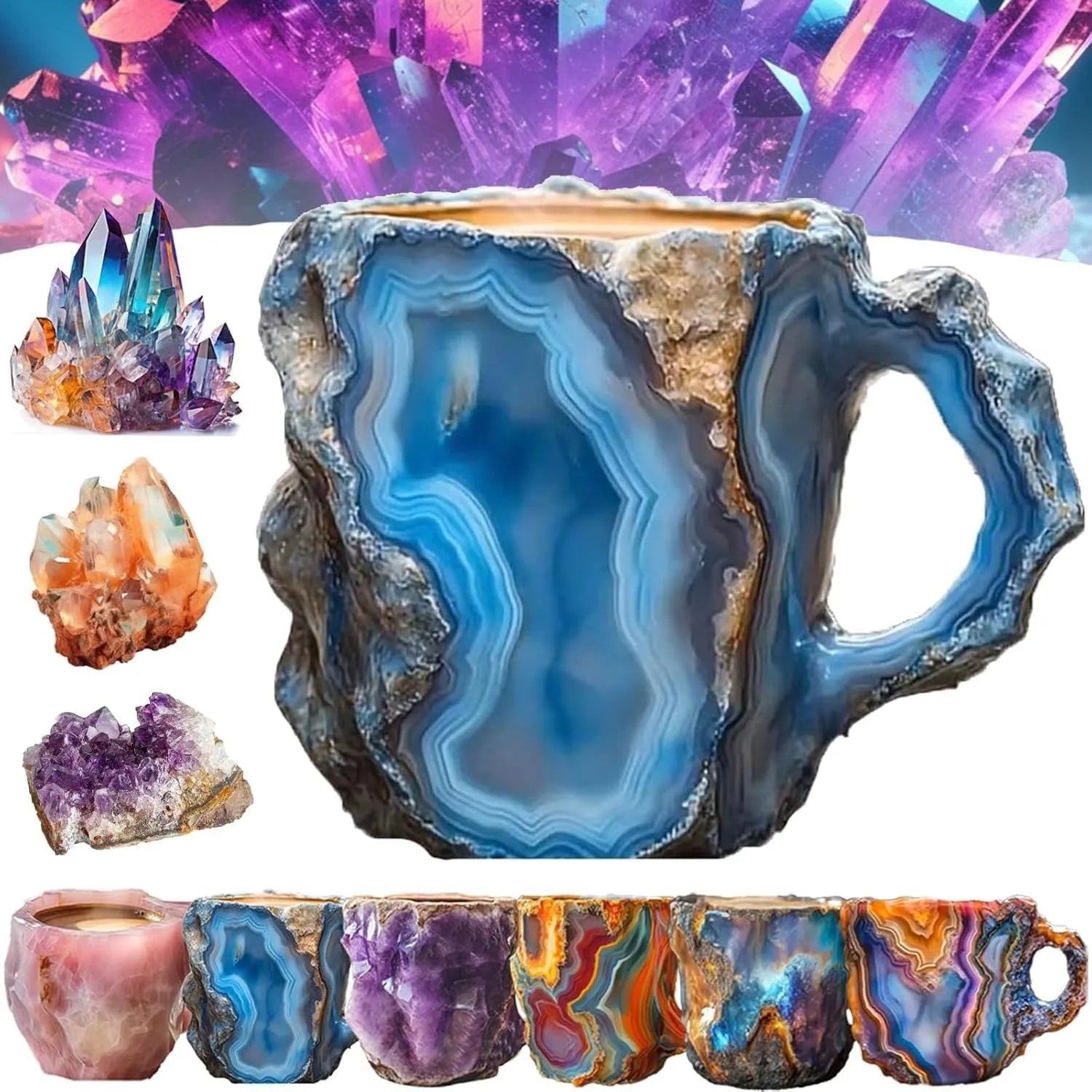 Purple resin coffee mug with handle showing crystal-like texture, 10cm tall.