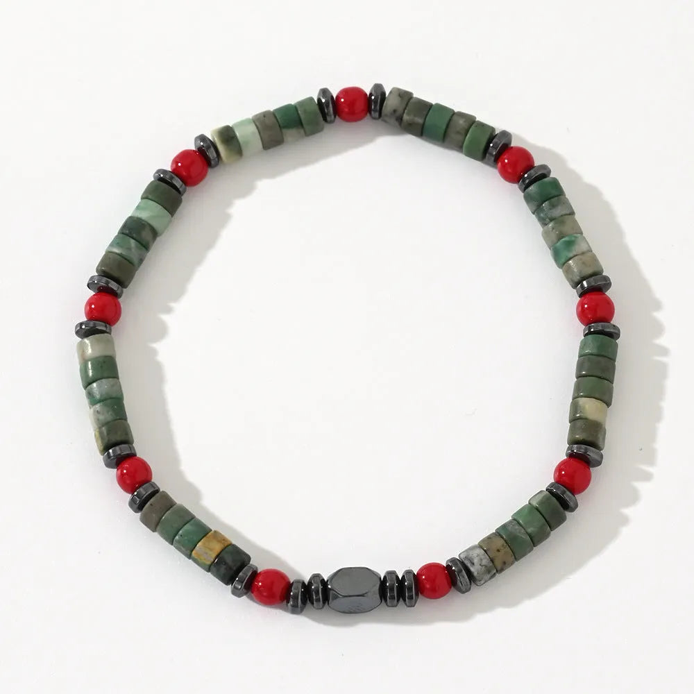 Men's hand-woven bracelet with cylindrical semi-precious stone beads on a string.