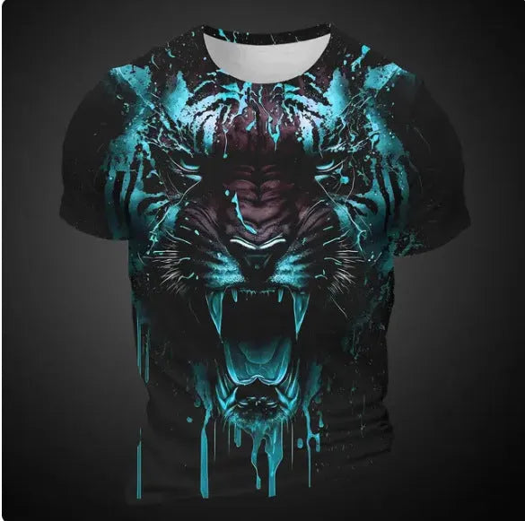 Men's 3D tiger pattern t-shirt showing digital printed design on polyester fabric