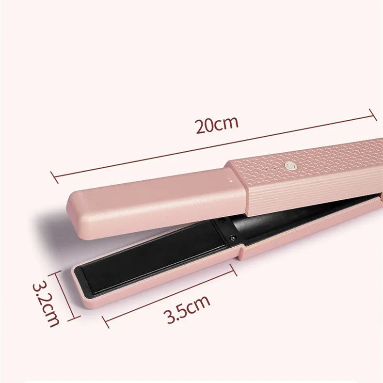 Pink and green cordless USB hair straightener with ceramic plates and digital temperature display.