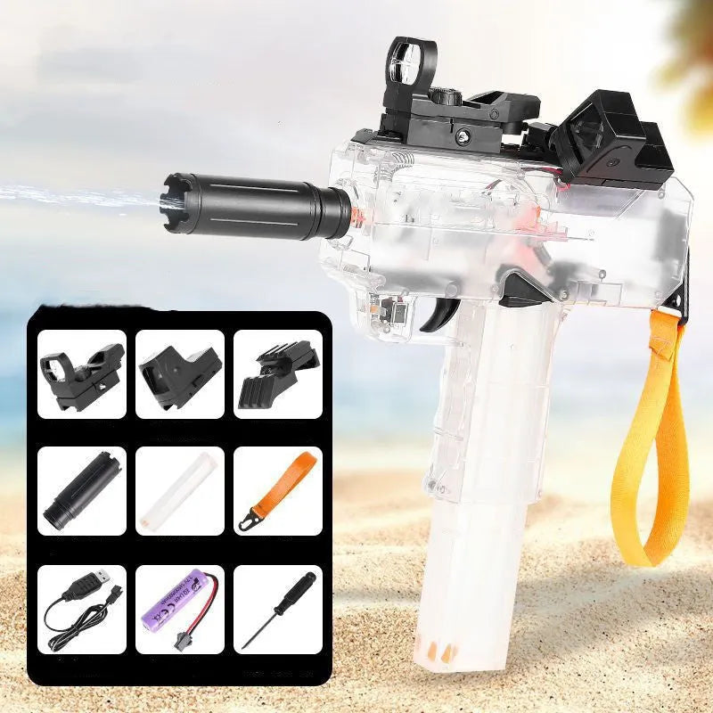 Uzi electric water gun toy transparent design with accessories showing 35ft range capability