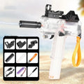 Uzi electric water gun toy transparent design with accessories showing 35ft range capability