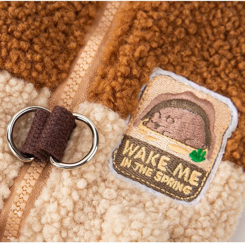 Color-block pet fleece jacket with squirrel patch in green brown beige for small dogs