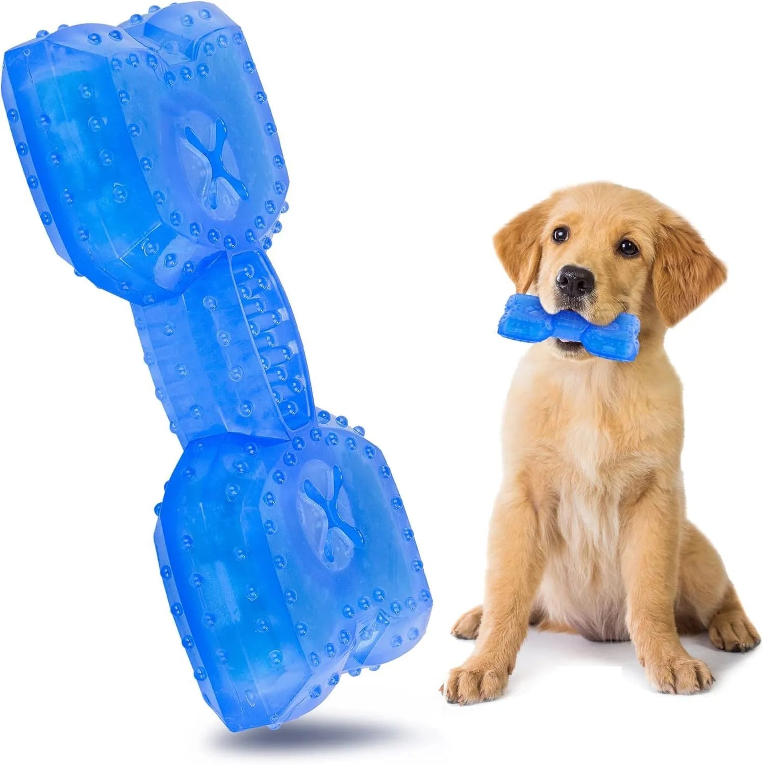 A freezable bone-shaped and circle-shaped dog chew toy designed for cooling and teething relief.