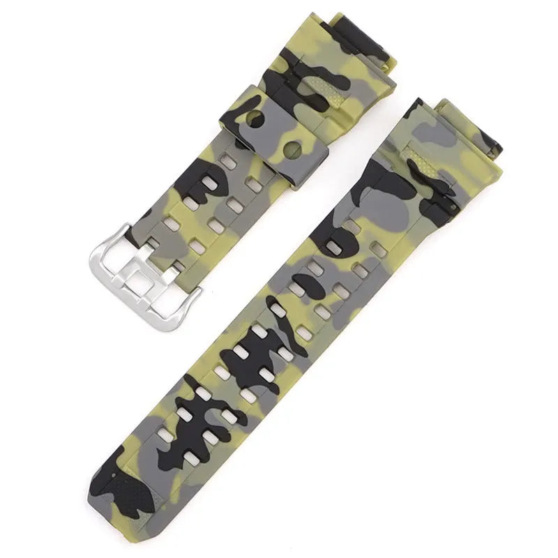 Camouflage pattern TPU watch strap with silver buckle on a grey background.