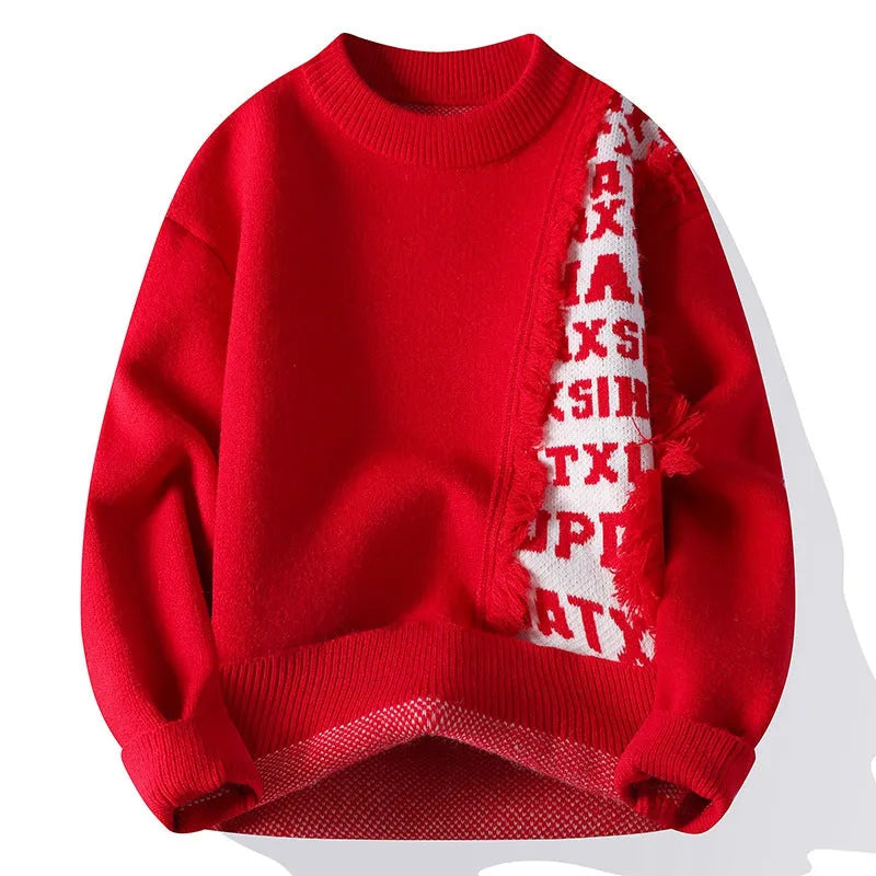 Men's loose fit knitted pullover in rabbit fur blend fabric with ribbed hemline