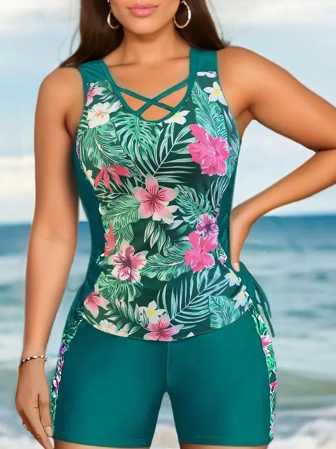 Plus size women's floral print bikini with high-waist briefs in navy blue