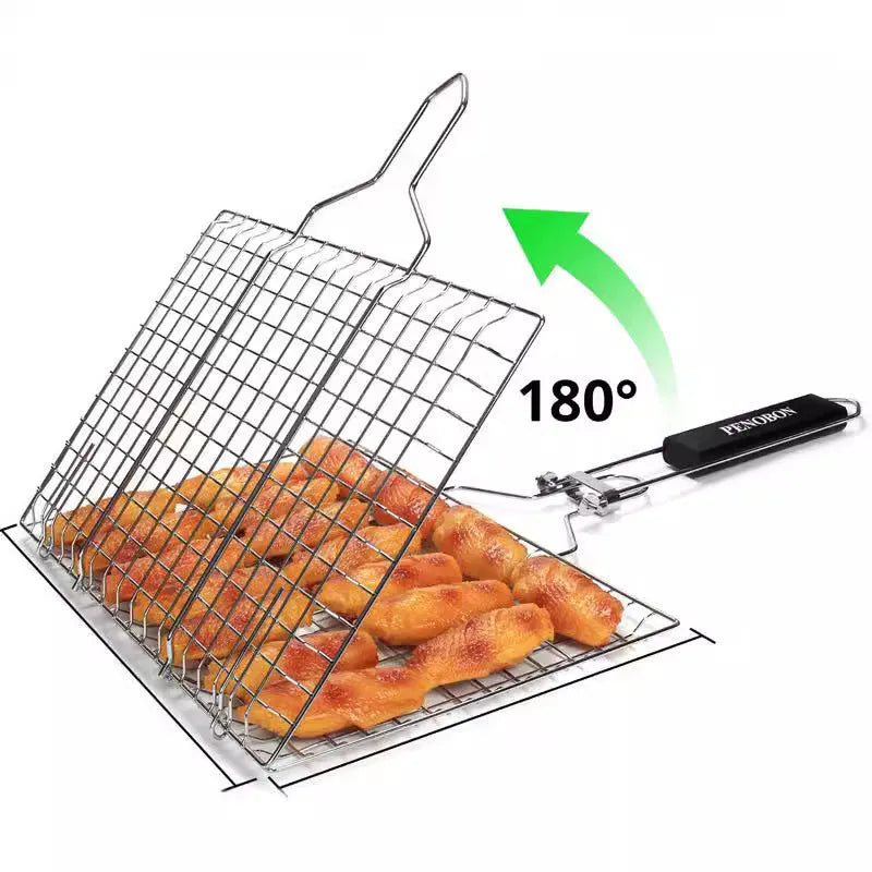 Square folding stainless steel barbecue mesh basket with a cleaning brush.