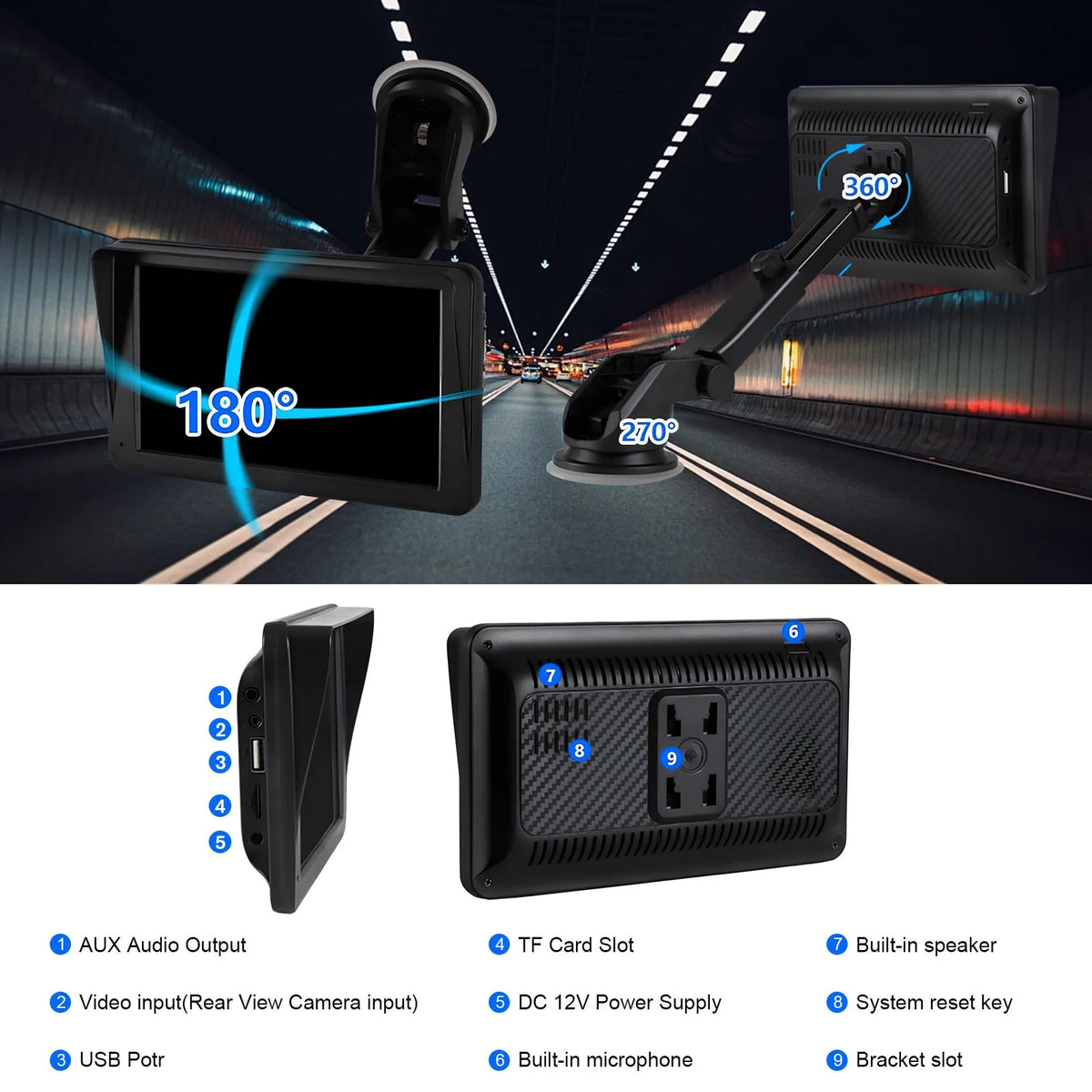 Portable car stereo with 7-inch touchscreen showing CarPlay interface, plastic body, and AUX cable