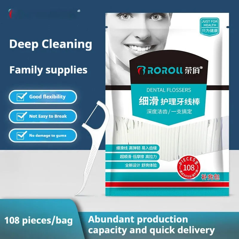 Clear plastic bag containing 100 or 108 pieces of disposable high tensile dental floss.