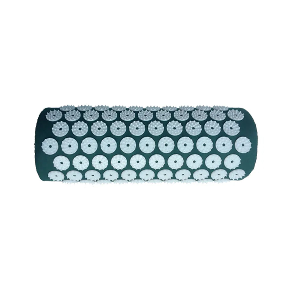 Black and blue acupuncture massage mat set with cushion and headrest on floor for yoga and massage