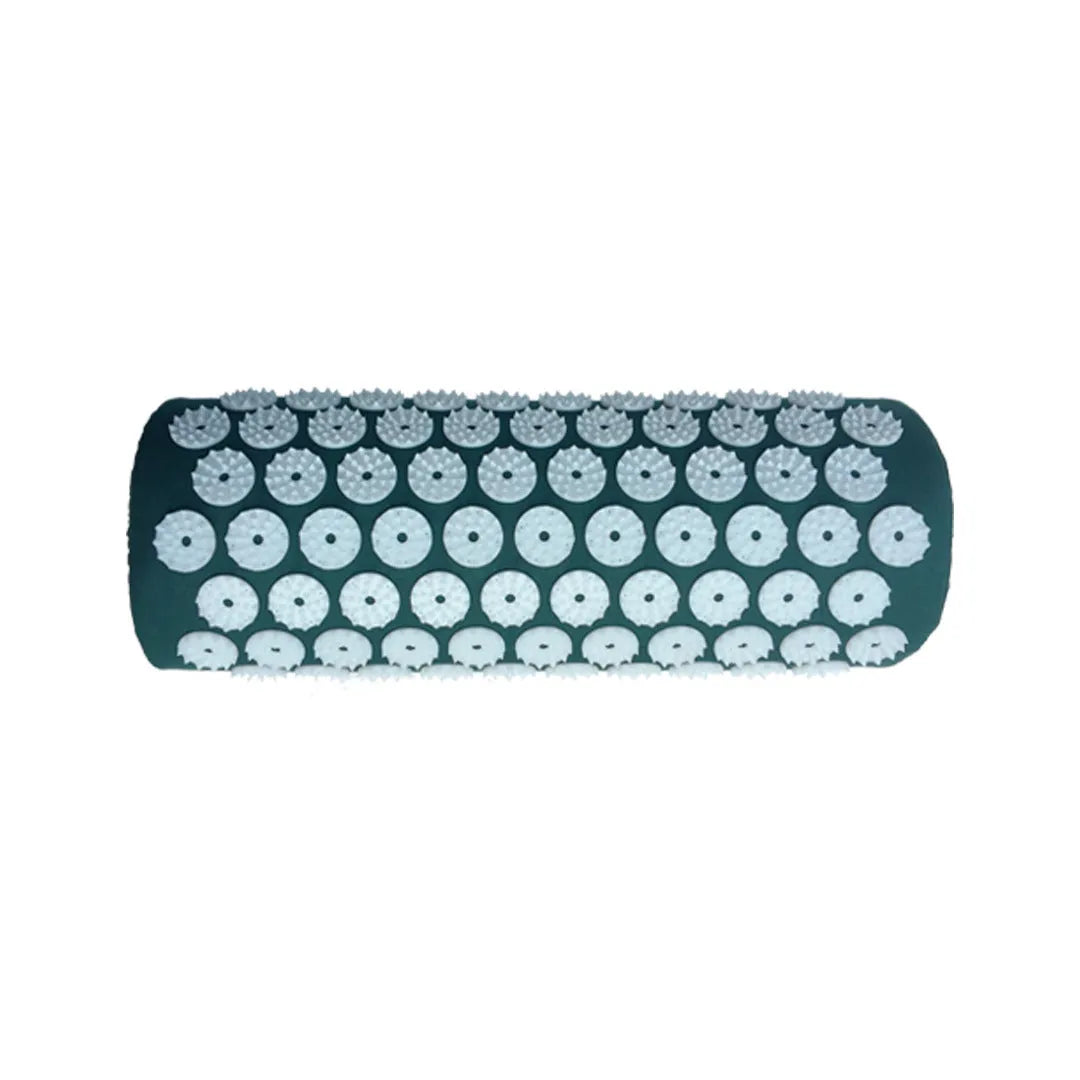 Black and blue acupuncture massage mat set with cushion and headrest on floor for yoga and massage