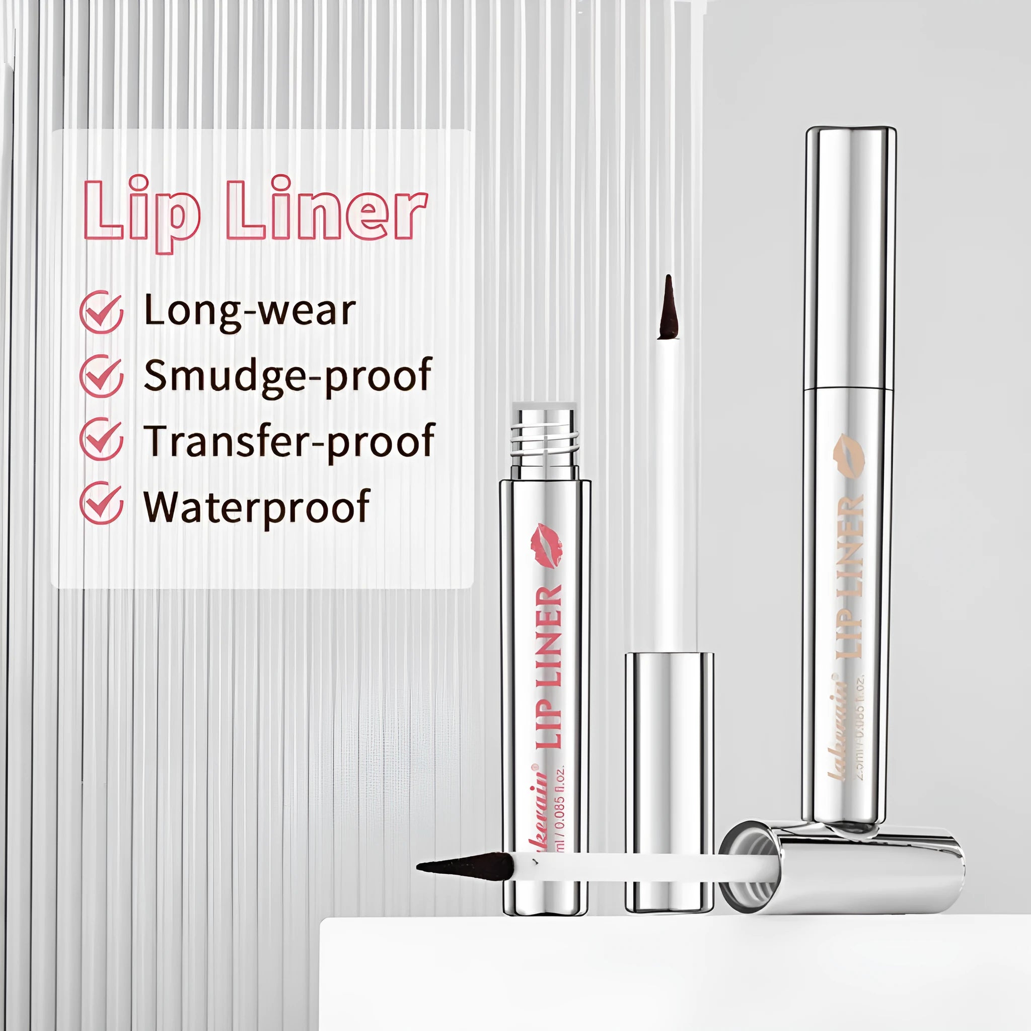 Matte finish pointed toe tear and pull lip liner pencil in Rose Pink, Neutral Mauve, Brown, and Cool Cocoa shades