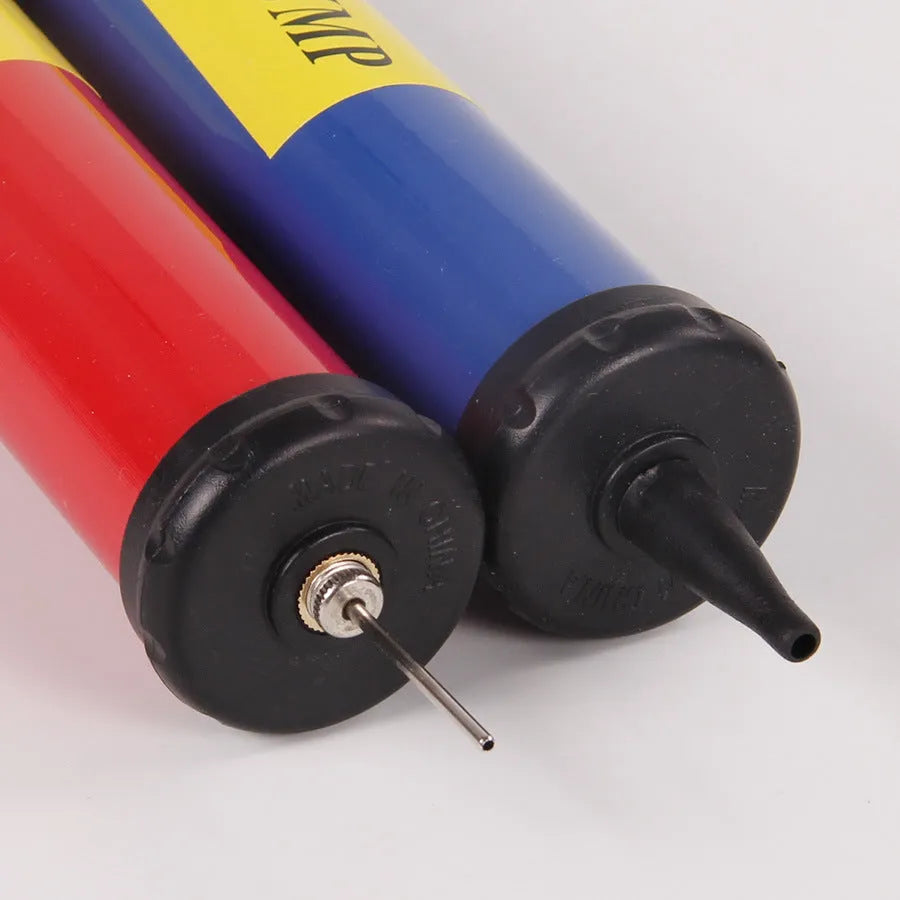 Mixed colour plastic manual hand pump for inflating basketballs, volleyballs, footballs, and balloons.