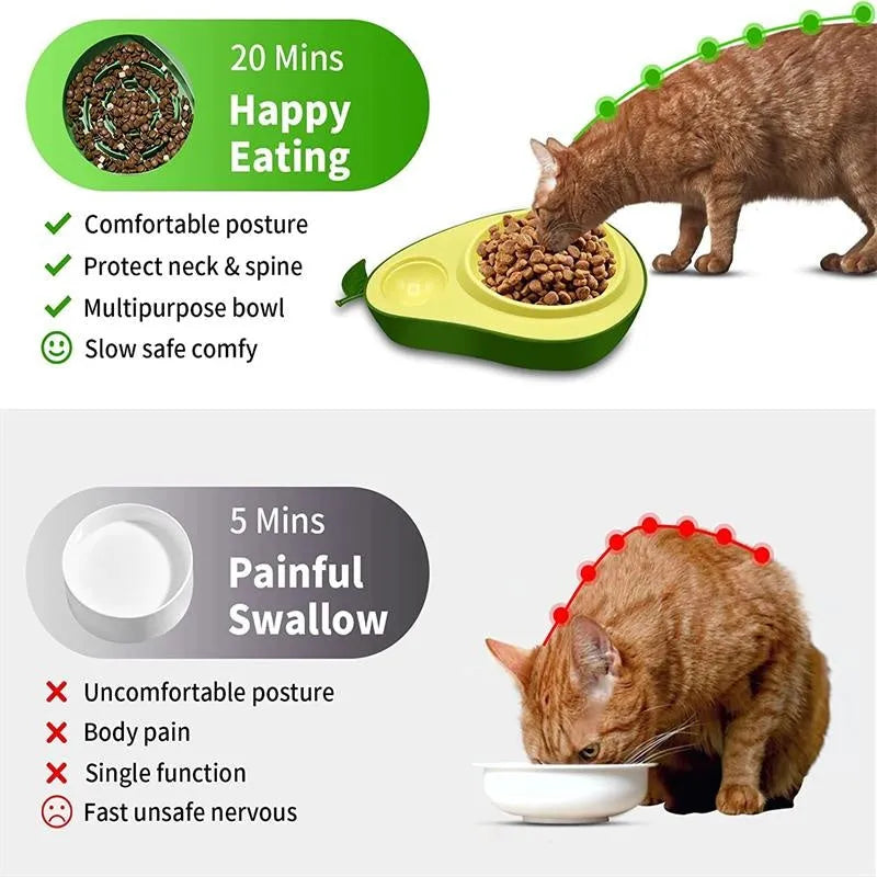 Avocado-shaped automatic cat water dispenser and slow feeder bowl with separate food sections