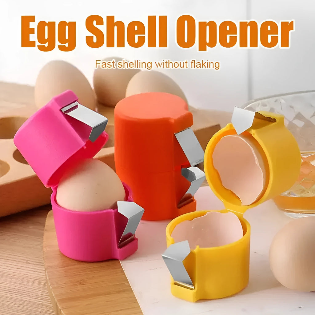 Colourful egg shell opener and beater kitchen tool made of stainless steel and plastic on a kitchen counter.