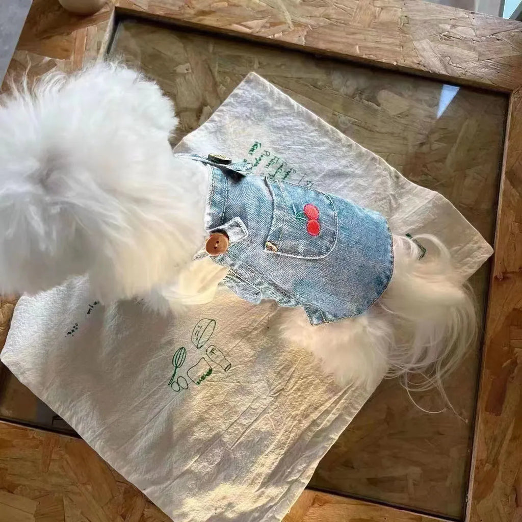 Small dog wearing a cherry dark blue denim skirt for spring summer