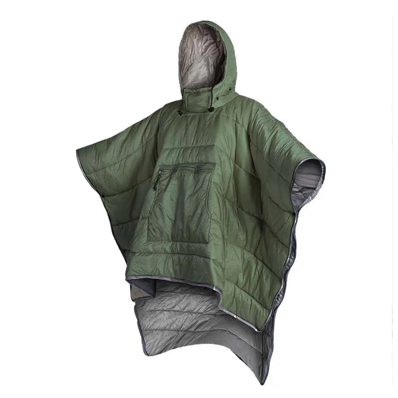 Outdoor cloak sleeping bag in grey colour showing wearable cape design and 200x140cm dimensions