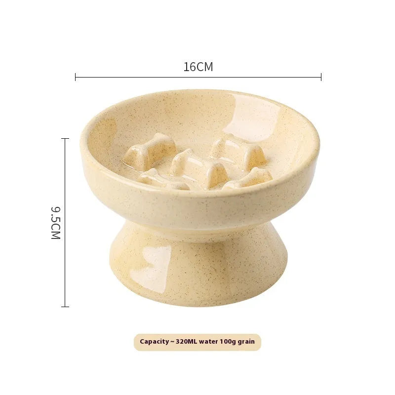Anti-tumble large diameter ceramic pet bowl for cats in beige, side view