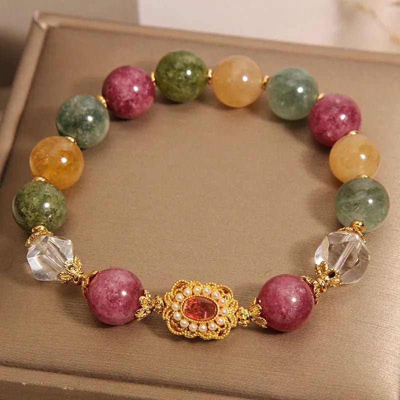 Jade colour tourmaline bracelet for women with round beads on pearl crystal base and rhinestone details