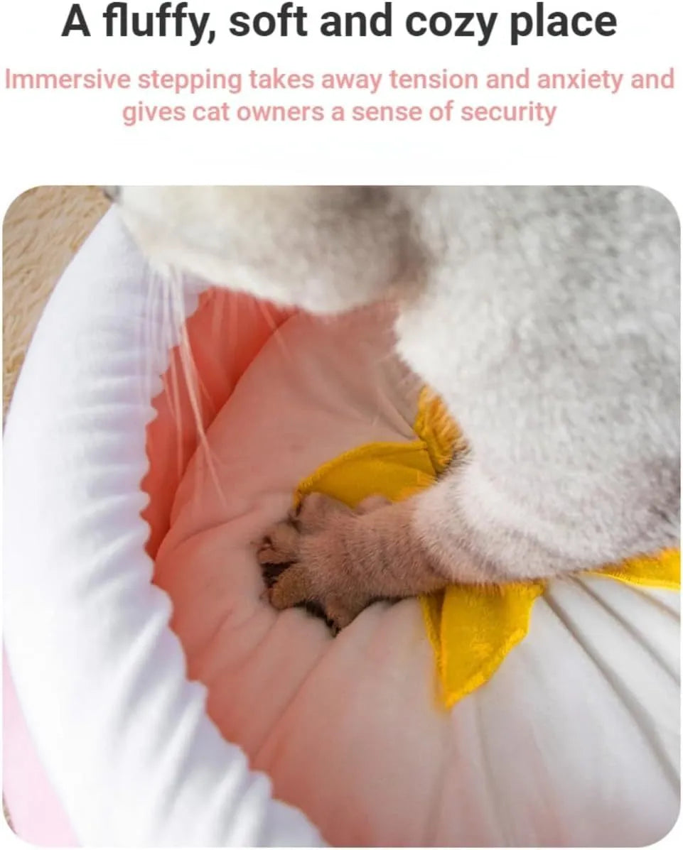 Pink honey pot shaped cat sofa bed with soft fleece and a removable cushion for small pets.