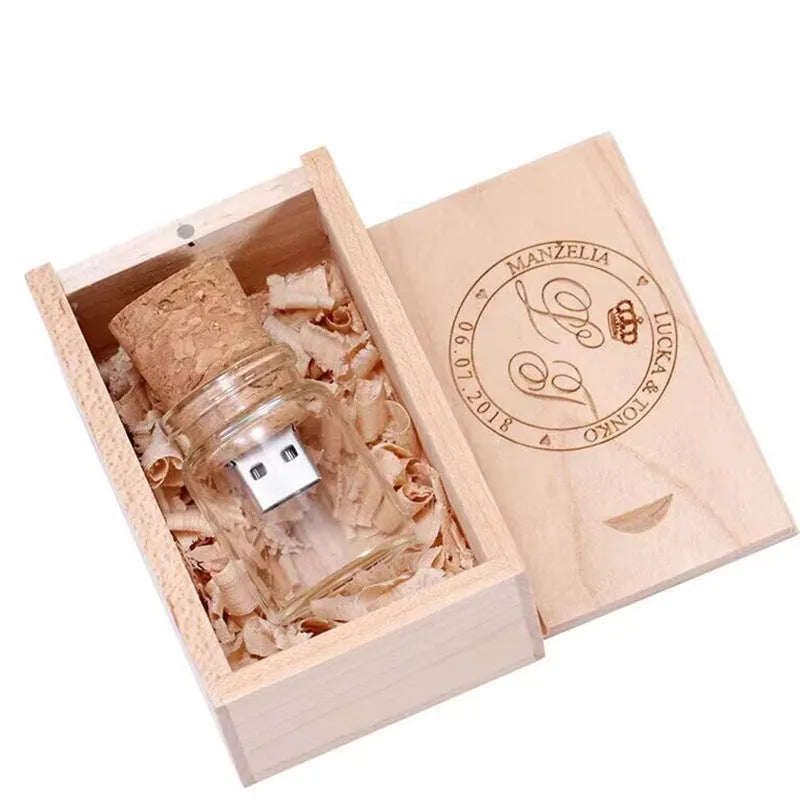 Wooden wish drift bottle shaped USB flash drive with transparent casing showing 60mm length.