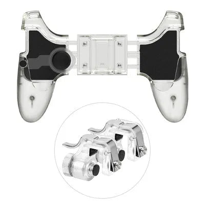 Black wired mobile phone game controller with a suit-style handle plugged into a smartphone