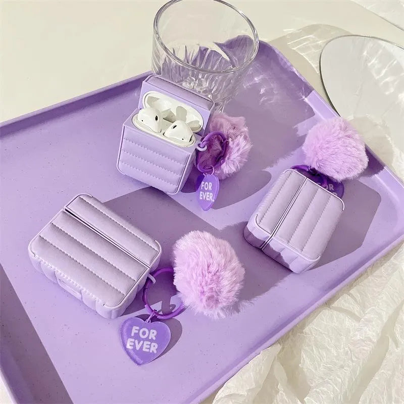 Purple down jacket AirPods case with fuzzy ball pendant, solid colour protective shell for AirPods 3, 1/2, and Pro