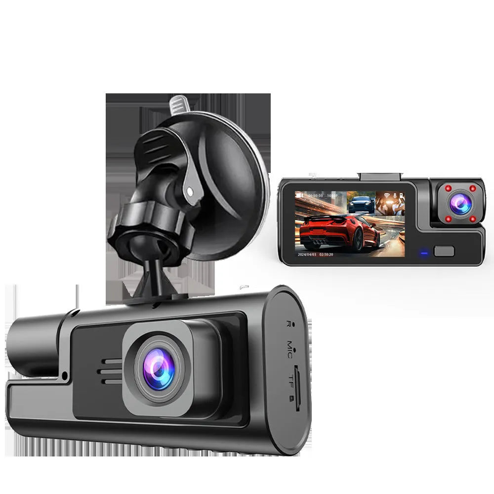Black front and rear Wi-Fi car dash cam with 2.0 inch screen mounted on windscreen, showing rear camera feed.